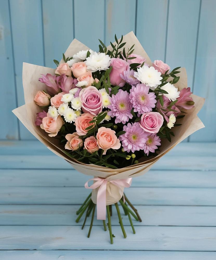 Букет цветов из: Хризантемы, Розы и Альстромерии в Пчегатлукае