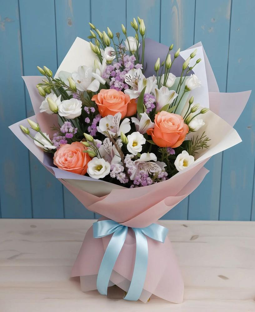 Букет цветов из: Лизиантусы, Розы, Альстромерии и Гипсофила в Пчегатлукае