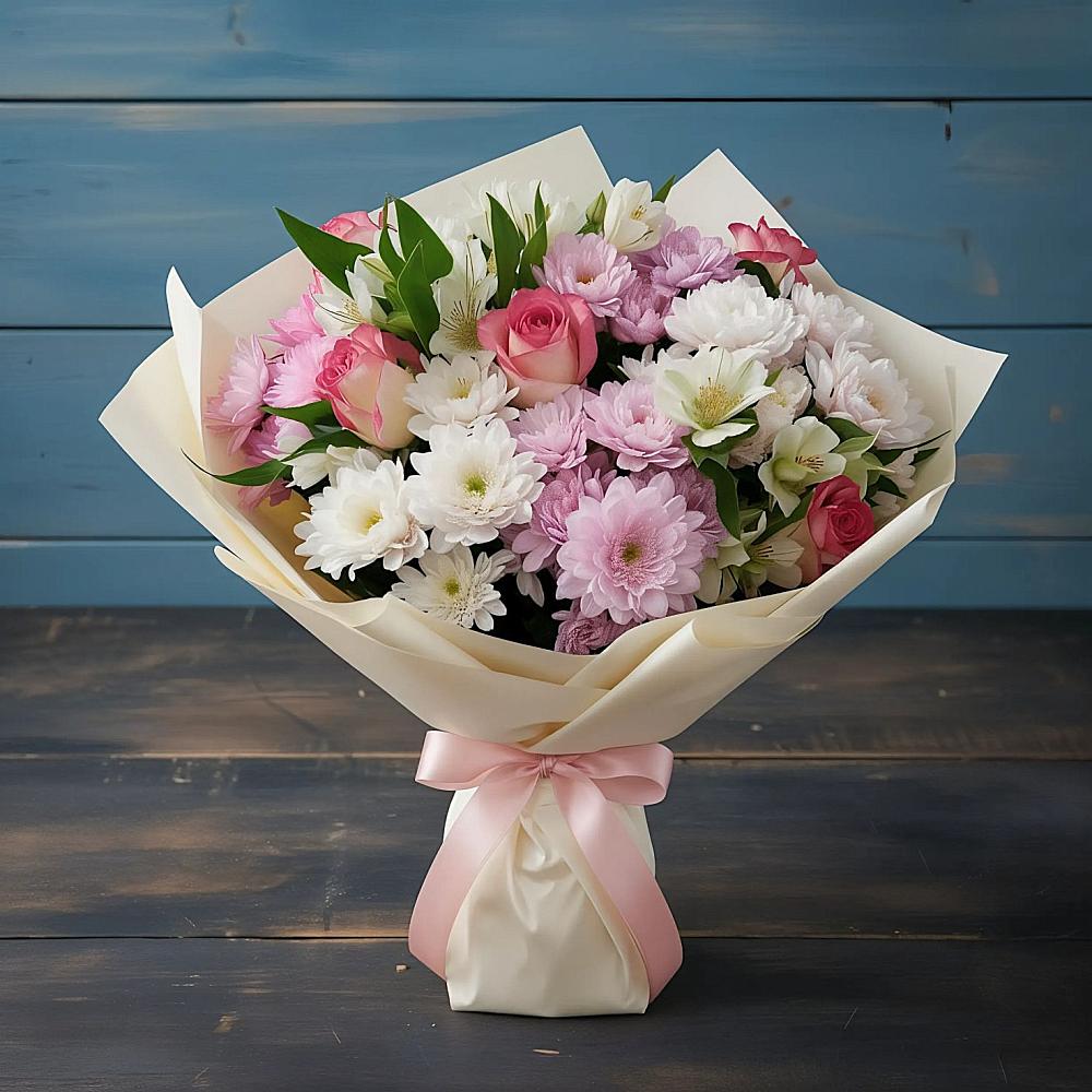 Букет цветов из: Хризантемы, Альстромерии и Розы в Пчегатлукае